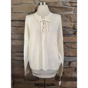 Vineyard Vines Womens XL Cream Cashmere Linen Lace Up Split Neck Sweater NEW